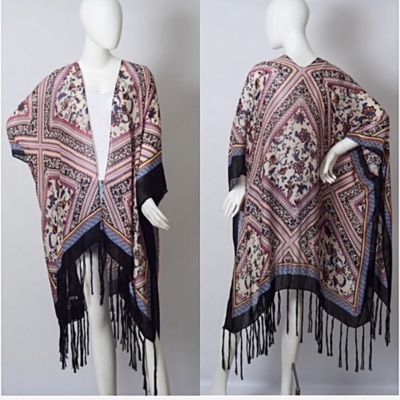 Bohemian Fringe Kimono Wrap Coverup With Armholes One Size 0-18 Tassels - Picture 6 of 7